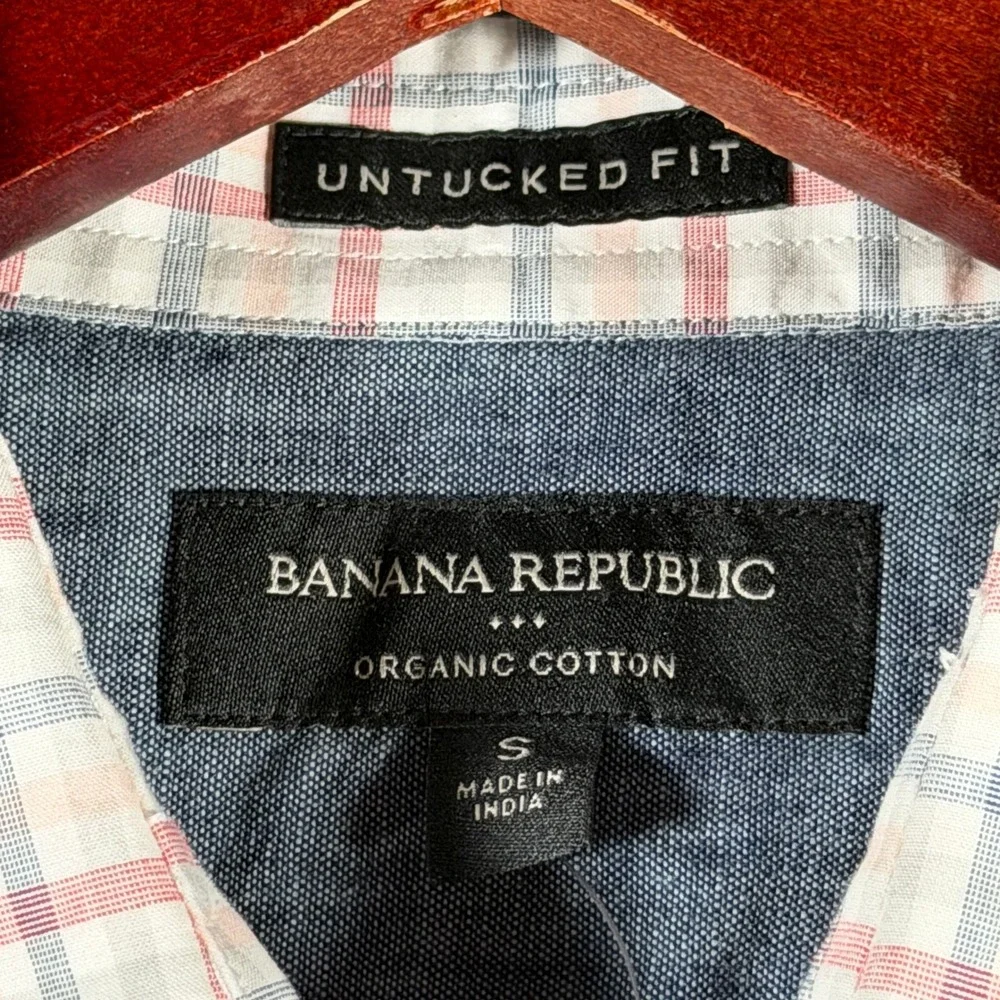 Banana Republic Mens Slim Untucked Fit Organic Cotton Plaid Shirt Red White S